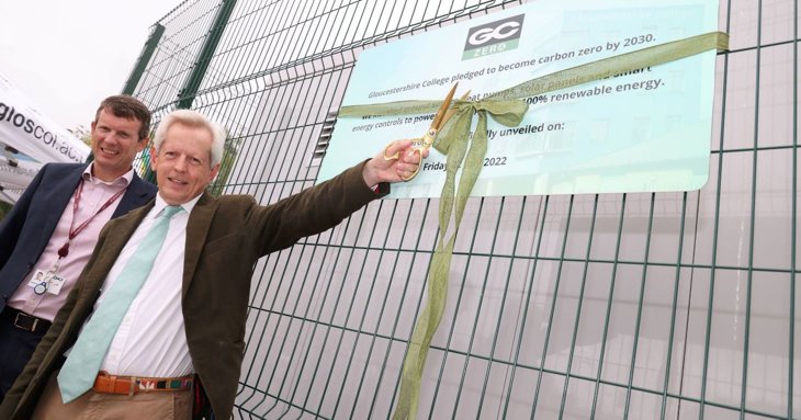 Richard Graham, MP for Gloucester, cuts the ribbon to mark the college's move to 100 per cent renewable energy.
