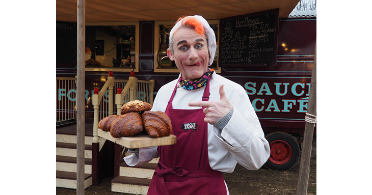 Giffords Circus Flying Sauce caf is open at Fennells Farm near Stroud, serving breakfast and lunch from a vintage-style circus wagon.