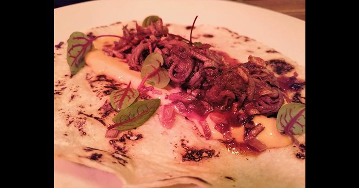 Delicious smoked pulled beef tortilla with chipotle and sesame dressing.