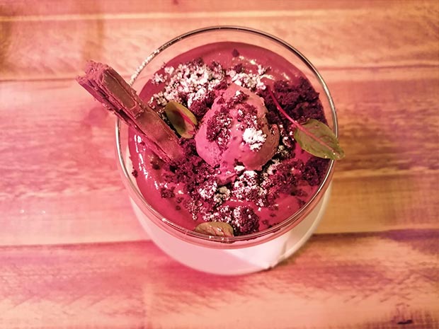 The 'chocolate indulgence' dessert was served in a cocktail glass.