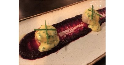 Scallops of the day with beetroot puree and chive hollandaise.
