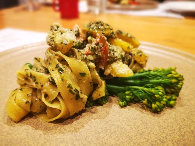 Garden herb pesto tagliatelle.