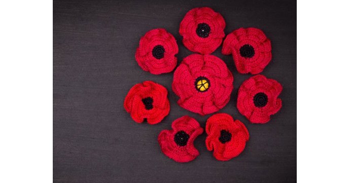 Crocheted poppy display at University of Gloucestershire
