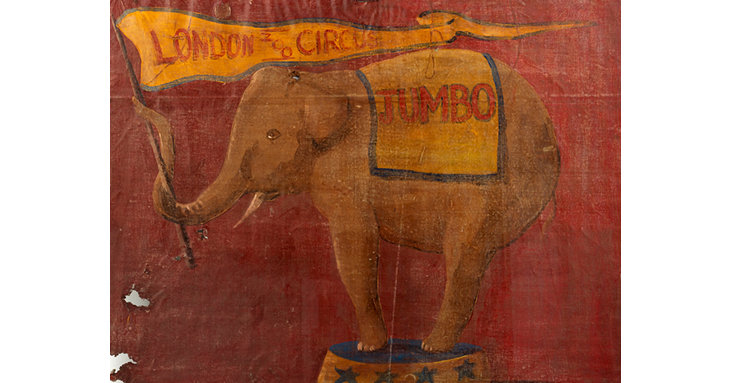 The late 19th century banner pictures Jumbo the elephant, the inspiration behind the classic Disney film Dumbo.