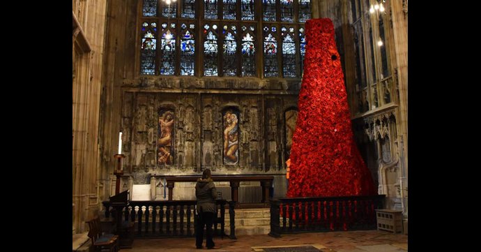 GCHQ Poppyfall Cascade for World War I centenary at Gloucester Cathedral