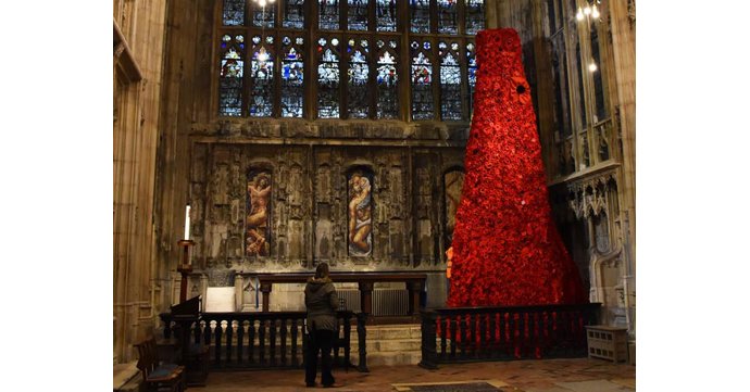 GCHQ Poppyfall Cascade for World War I centenary at Gloucester Cathedral