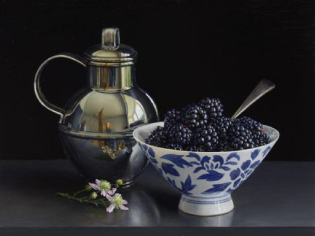 Buy contemporary art like 'Still Life with Blackberries, Porcelain Bowl, Silver Jersey Cream Jug' by Jessica Brown at Quantum Contemporary Arts exclusive Cotswolds exhibition in September 2021.