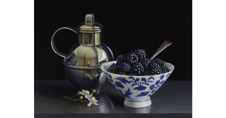 Buy contemporary art like 'Still Life with Blackberries, Porcelain Bowl, Silver Jersey Cream Jug' by Jessica Brown at Quantum Contemporary Arts exclusive Cotswolds exhibition in September 2021.