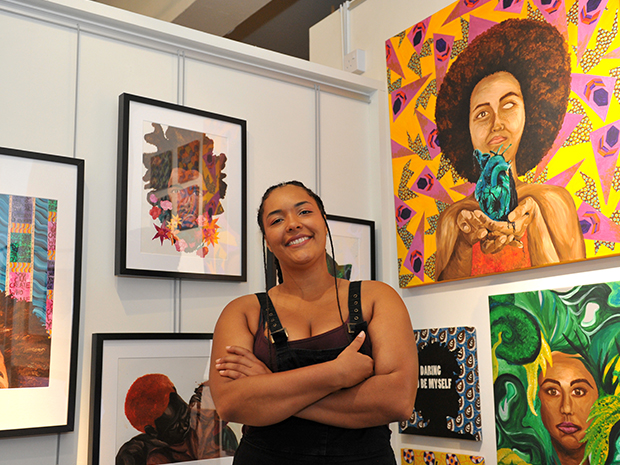 Gloucester-based artist, Rizpah Amadasun, presents a joyful collection of Afrocentric art this autumn 2021 in the community gallery at the Museum of Gloucester. Image  Mikal Ludlow.