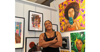 Gloucester-based artist, Rizpah Amadasun, presents a joyful collection of Afrocentric art this autumn 2021 in the community gallery at the Museum of Gloucester. Image  Mikal Ludlow.