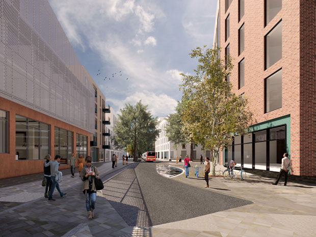 View of Market Parade towards Bruton Way with Kings House on left