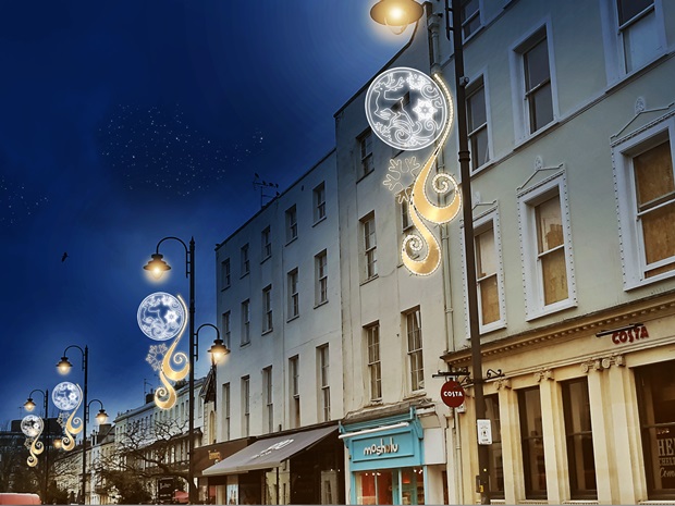 Holly, reindeer, stars and harps will adorn lampposts in the town.