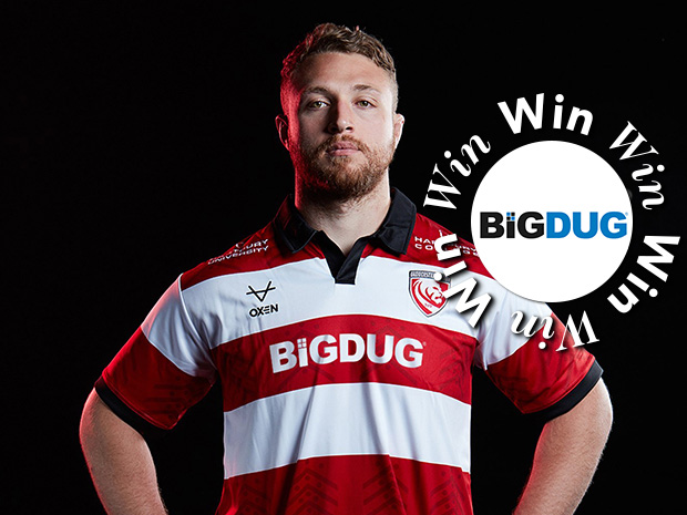 BiGDUG is celebrating becoming the main sponsor of the Cherry and Whites by giving away new Gloucester Rugby home shirts to a family of four.