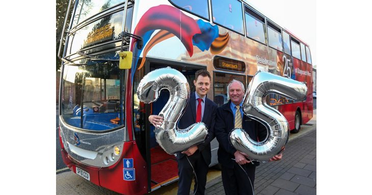 Celebrating Stagecoach West's 25th anniversary, managing director Rupert Cox and driver Freddy Greef who has been with the company 25 years.