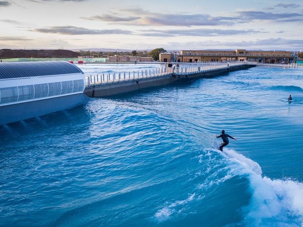 With social distancing measures in place, The Wave surfing lagoon in Bristol is set to welcome surfers back for the first time since lockdown. Photo  Global Shots.