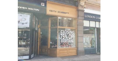 The window display says it all. Keith Scarrott Shoes on the Promenade, announces its closing down sale as the business looks to concentrate on digital sales.