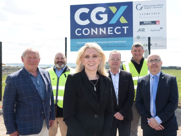 Councillor Iain Dobie, Mark Price of Vitruvius Management Services, Karen Taylor of Gloucestershire Airport, Councillor Richard Cook of Gloucester City Council, Simon Turbutt of Montel Civil Engineering and Neil Hopwood of GFirst LEP mark a significant milestone for the CGX Connect project.