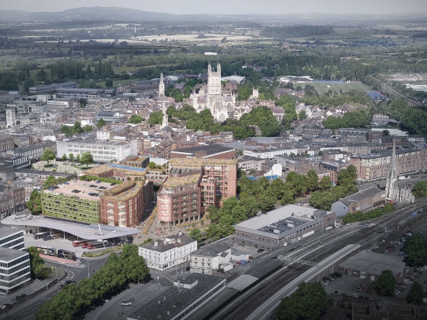 An aerial shot of Gloucester, showing the fast-developing Forum in the city centre, also home to the community project and charity The Music Works.