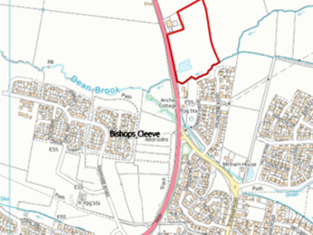 A map showing the location of the site for the new school north of Bishops Cleeve.