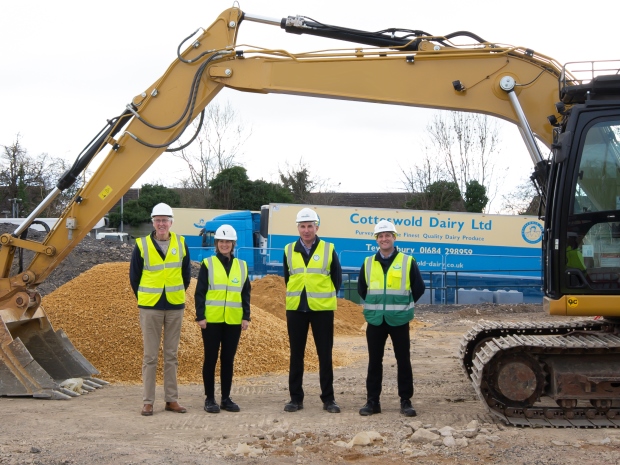 Cotteswold Dairys chairman Roger Workman, director Louise Woodward, managing director George Workman and operations director Justin Young mark the start of work to expand its Tewkesbury site.
