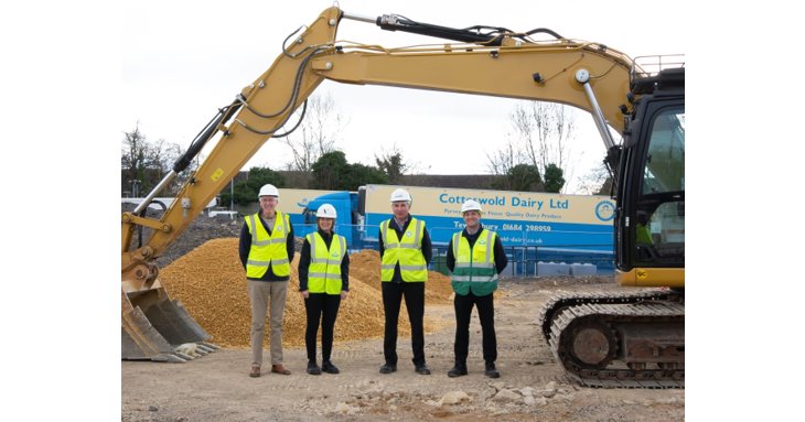 Cotteswold Dairys chairman Roger Workman, director Louise Woodward, managing director George Workman and operations director Justin Young mark the start of work to expand its Tewkesbury site.