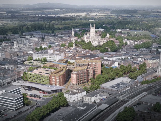 It may look real, but the carefully made-up picture reveals the vision of the buildings and roof gardens which will make of The Forum Digital in the heart of Gloucester.