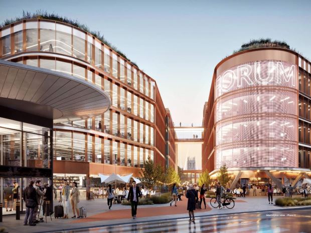 An artist's impression of the view from the corner of the bus station across and through to the city's Cathedral, showing off The Forum centre piece buildings in all their glory.