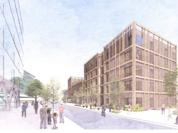 An artist's sketch of the new buildings given permission to be built along Market Parade in Gloucester as part of The Forum development. This view looks up towards The Chambers public house on the right hand side of the street.