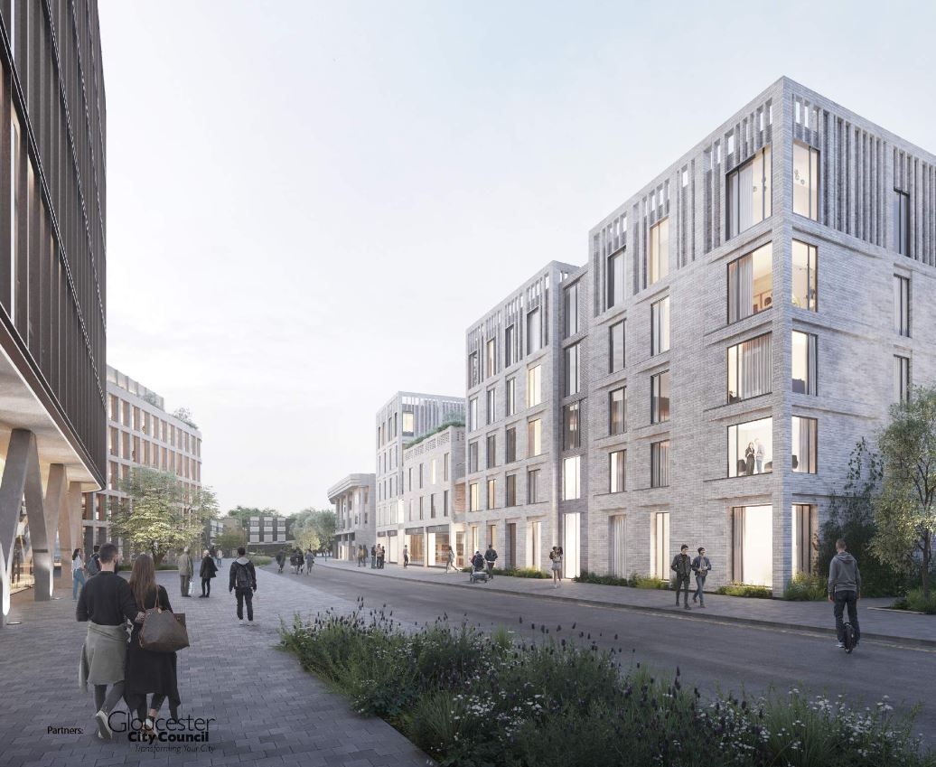 An artist's impression of the new buildings now given permission to be built along Market Parade in Gloucester as part of The Forum development. This view looks up towards The Chambers public house on the right hand side of the street.