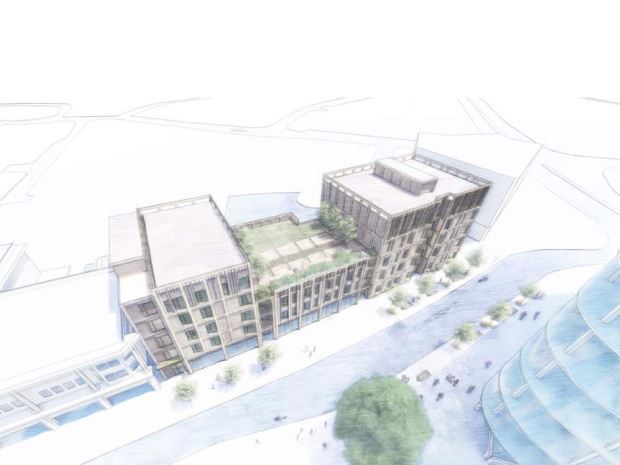 An artist's sketch from above of the new buildings off Market Parade, with the lowered centre roof line allowing for views of the Cathedral - and roof gardens.