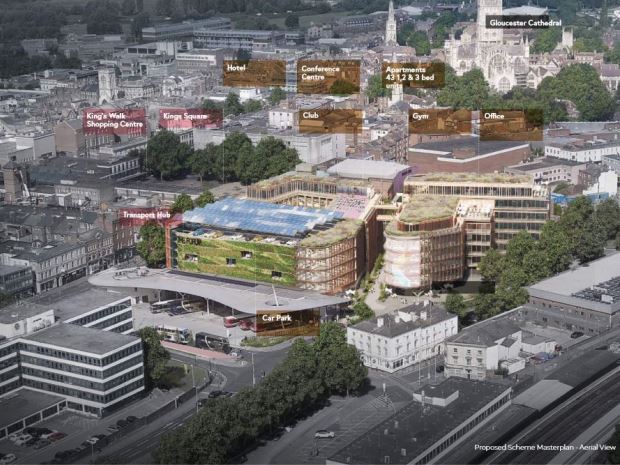 A photograph featuring a computer-generated image of The Forum in situ.