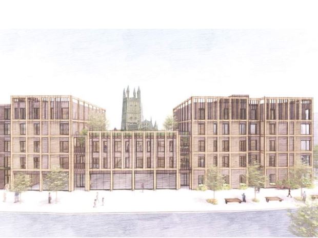 An artist's sketch of the new buildings off Market Parade, with the lowered centre roof line allowing for views of the Cathedral - and roof gardens.