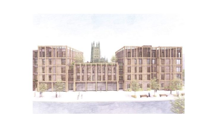 An artist's sketch of the new buildings off Market Parade, with the lowered centre roof line allowing for views of the Cathedral - and roof gardens.