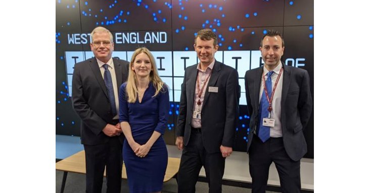 Cllr Andrew McKinlay, of Cheltenham Borough Council, Julia Lopez MP, minister of state for media, data and digital infrastructure, Matthew Burgess, principal and ceo of Gloucestershire College, and Andy Bates, finance director at Gloucestershire College.