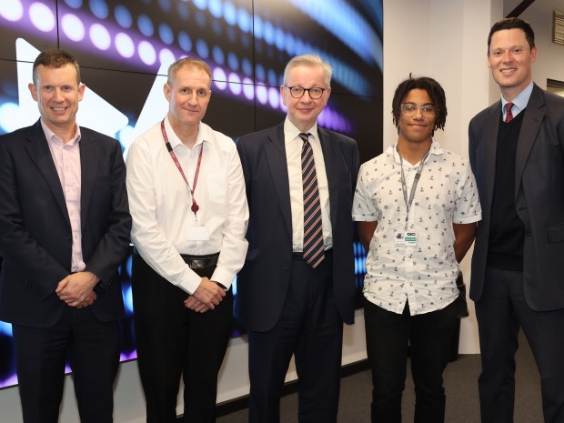 L-R Matthew Burgess, Martin Webley, lead cyber trainer and assessor at Gloucestershire College, Michael Gove, Taylor Watson and Alex Chalk.