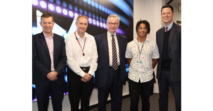 L-R Matthew Burgess, Martin Webley, lead cyber trainer and assessor at Gloucestershire College, Michael Gove, Taylor Watson and Alex Chalk.
