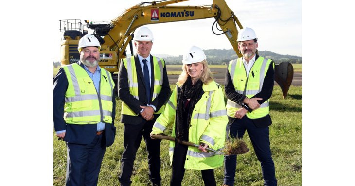 Gloucestershire Airports managing director, Karen Taylor, breaks ground on CGX Connect with Mark Price from Vitruvius Management Services far left, David Owen from GFirst LEP far right and Simon Turbutt from Montel Civil Engineering.