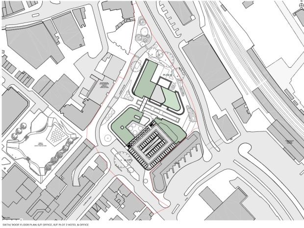 A map of the site from above, showing the position of the new buildings.