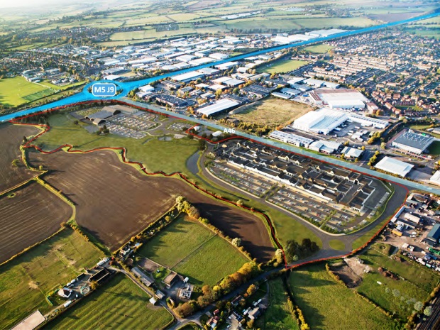 An aerial view of the 60 million Robert Hitchins-led development off Junction 9 of the M5 at Ashchurch, near Tewkesbury, Gloucestershire