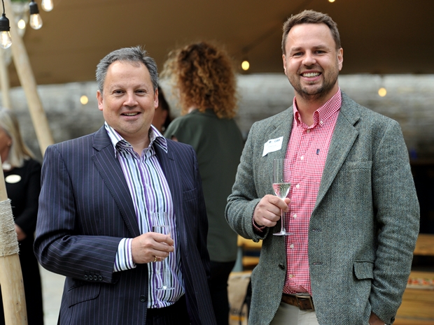 Dev Chakraborty, deputy chief executive of GFirst LEP, and James Fyrne, managing director of SoGlos, celebrate the SGGBA 2021 success.