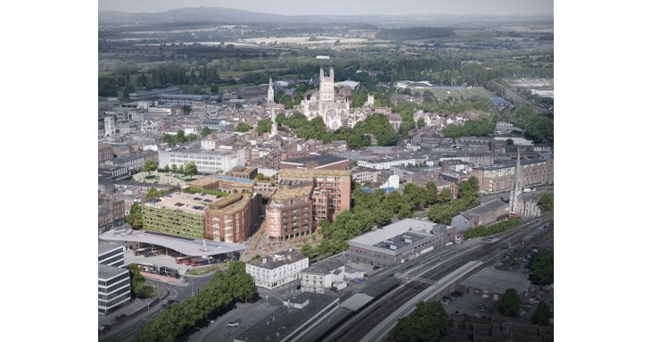 An aerial view of Gloucester, with a computer generated artist's impression of the forthcoming Forum development.
