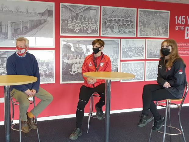 Gloucester MP, Richard Graham, and Gloucester Rugby staff Oli Rice and Emma Rotherham, both part of the Kickstarter scheme.