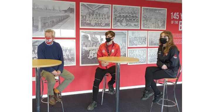 Gloucester MP, Richard Graham, and Gloucester Rugby staff Oli Rice and Emma Rotherham, both part of the Kickstarter scheme.