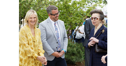 BBC Radio 2 DJ Jo Whiley and Landform Consultants landscape designer Alan Williams meet the Princess Royal at RHS Malvern Spring Festival 2022. Picture by Mikal Ludlow.