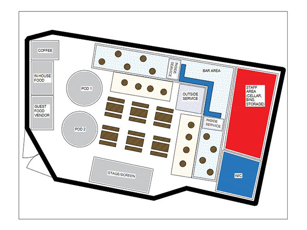 The plans show an outdoor bar, a stage and more. Dowdeswell Architecture & Design Ltd
