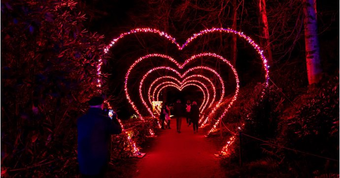 Illuminated Valentine's heart arch walkway in Imperial Gardens