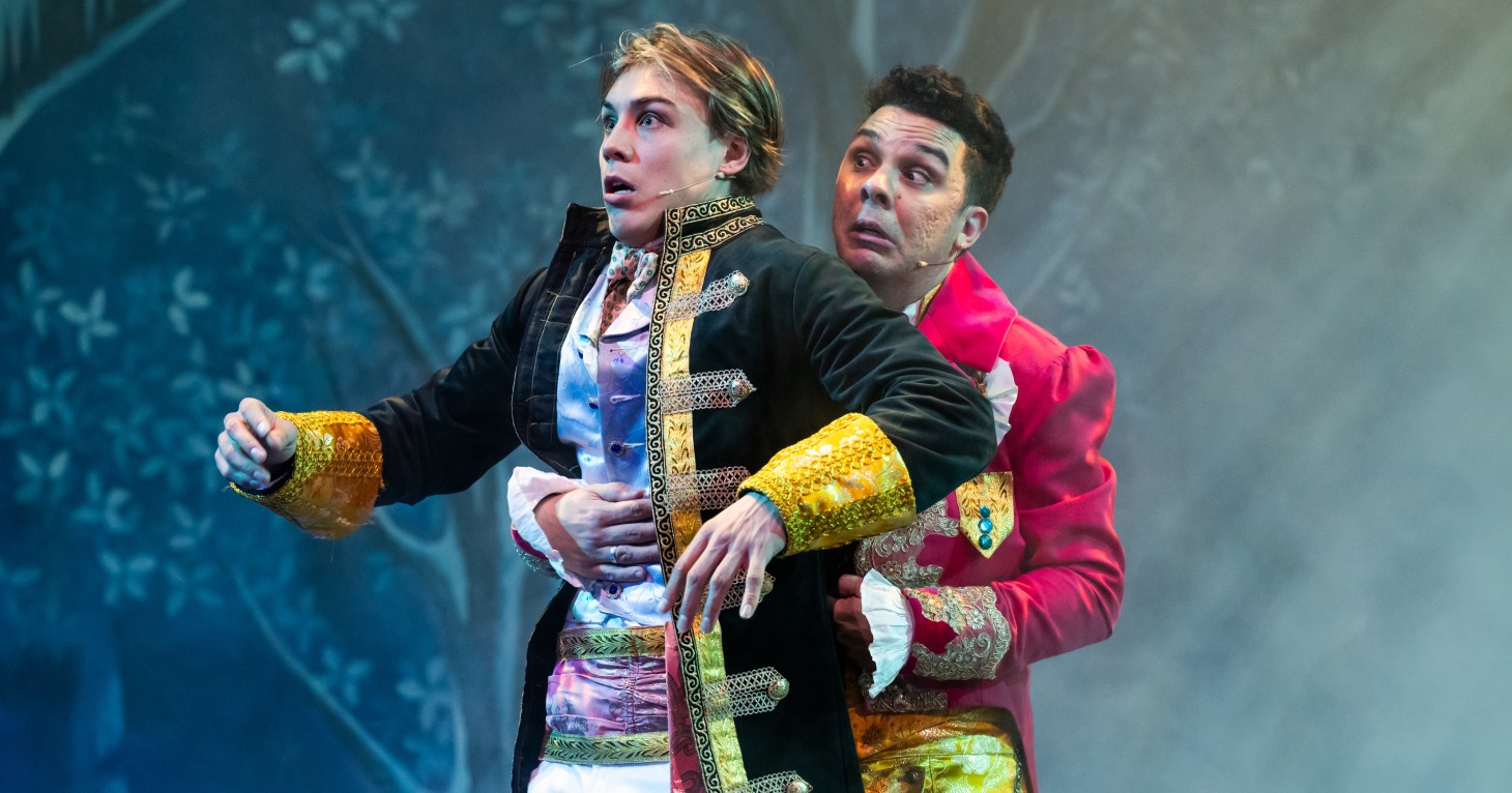 Lewis Noble as Prince Charming and Michael Neri as Dandini in Cinderella at The Roses Theatre