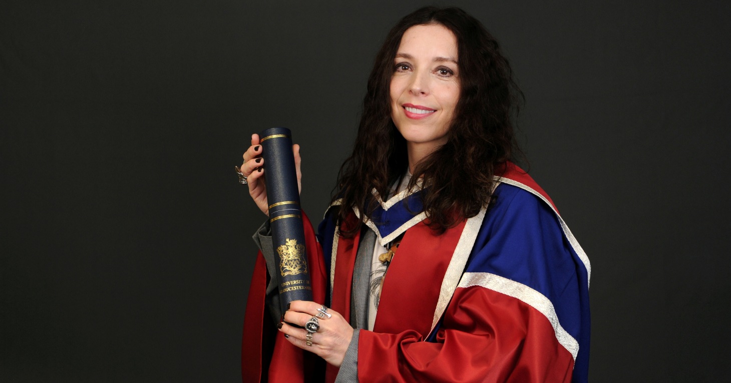 Bridget Christie with her honorary Doctorate of Arts from the University of Gloucestershire