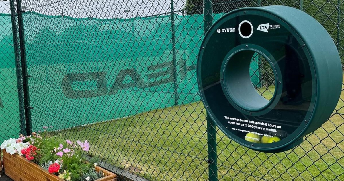 Dyuce tennis ball recycling bin attached to fencing at East Glos Club in Cheltenham.