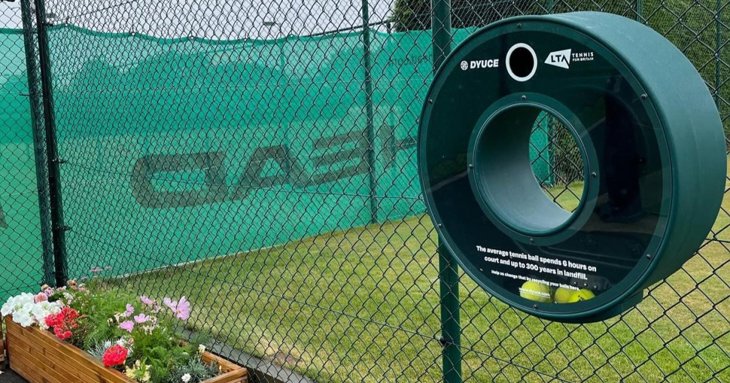 Dyuce tennis ball recycling bin attached to fencing at East Glos Club in Cheltenham.